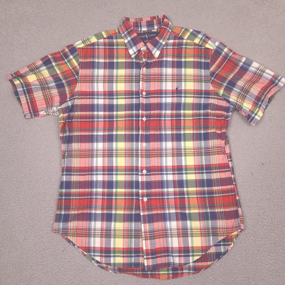 VTG Ralph Lauren Shirt Mens Large Classic Fit Button Front Colorful Plaid Cotton